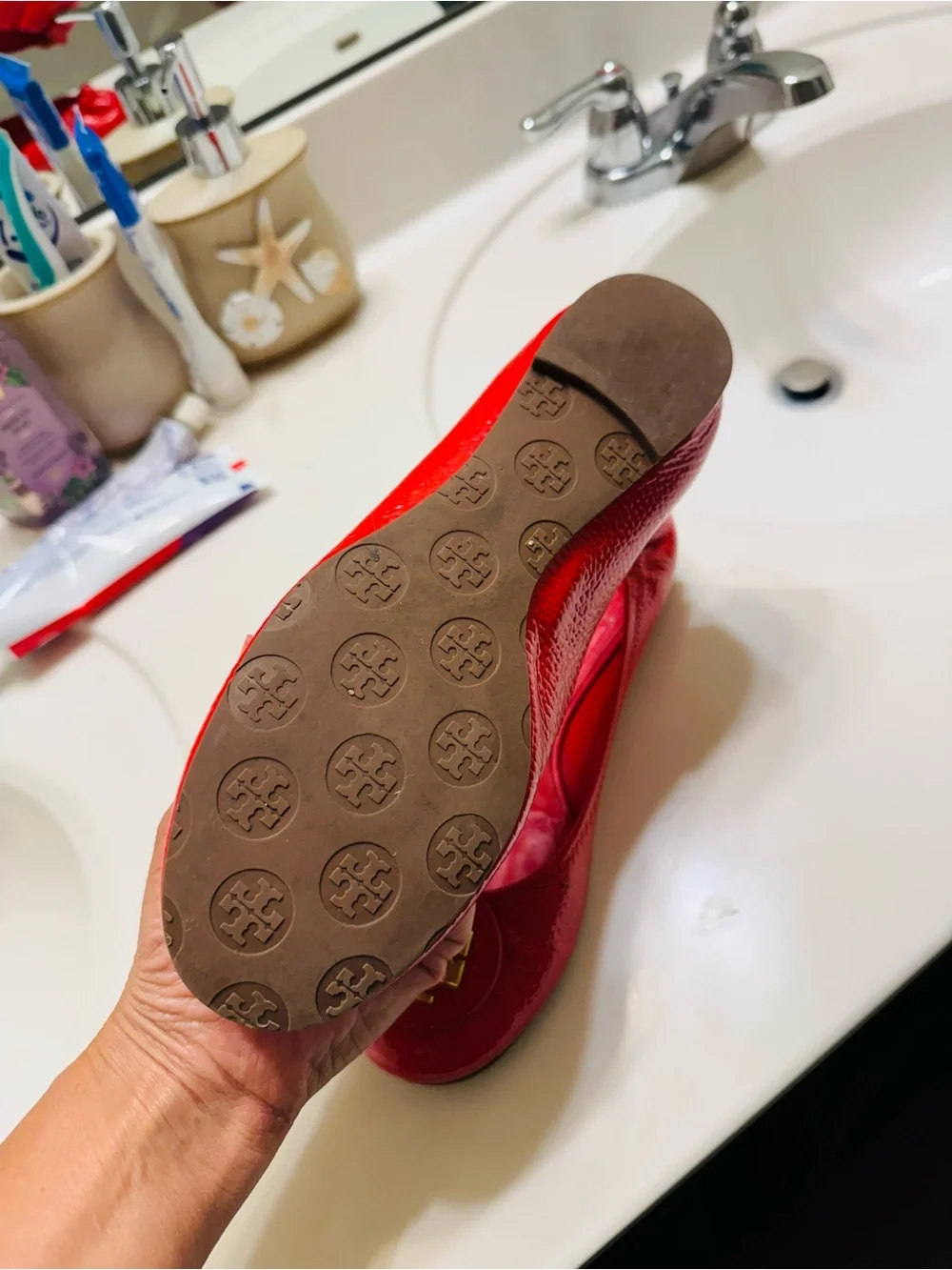 Tory Burch Red Patent Logo Ballet Flat with Gold Emblem